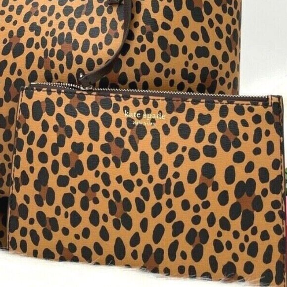 Kate Spade All Day Tote Leopard Brown Leather Shoulder Bag Purse Wristlet Set - Picture 6 of 10